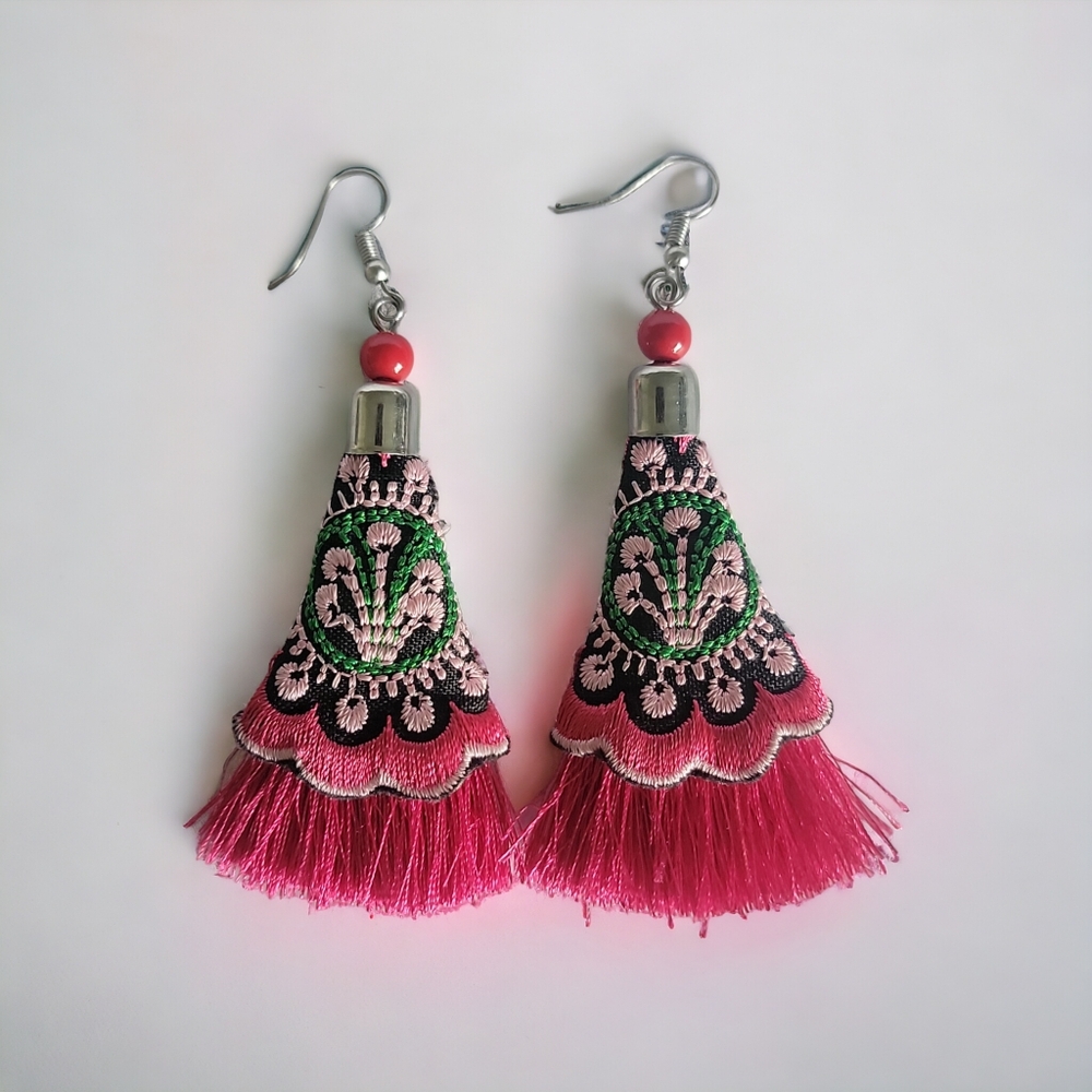 Handmade Embroidered Fringe Tassle Earrings